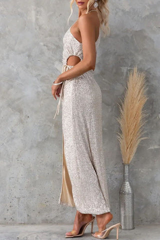 Robe de soirée formelle à sequins unis, à cordon de serrage, fente et col oblique, inspirée des célébrités 