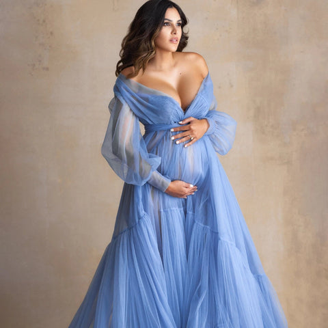 6117#Fluffy Blue Ruffle Tulle Maternity Dress for Photoshoot Off Shoulder Pregnancy Photography Dress Maternity Gown Robes with Sash