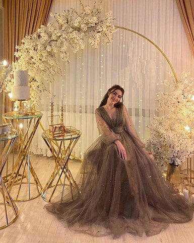 Robe de soirée en tulle illusion, coupe trapèze, col en V, manches longues transparentes, référence Y1204