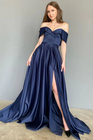 A Line Off the Shoulder Navy Long Prom Dress with Split Front