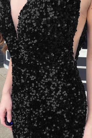 Robe de bal longue sirène à décolleté plongeant en V et sequins noirs
