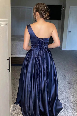 A Line One Shoulder Champagne Long Prom Dress with Slit