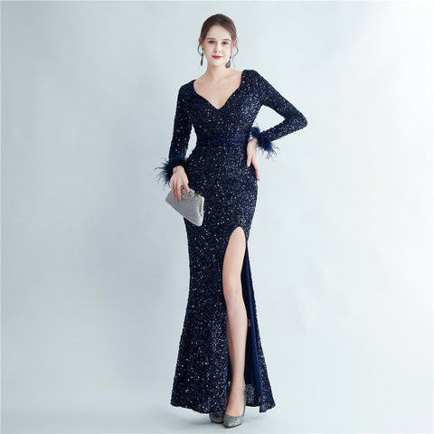 Ostrich Feather Cuff Sequined Fishtail Evening Dress with Side Slit