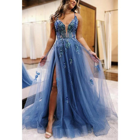 Vestido de noche para fiesta de graduación, corte en A, escote en forma de corazón, tirantes finos, apliques y abertura lateral 