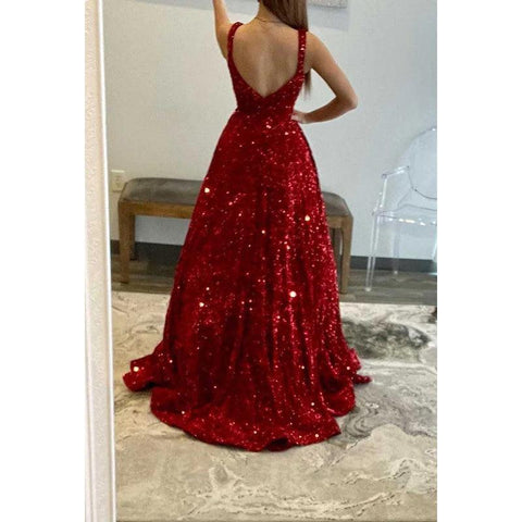 Robe de bal longue trapèze à paillettes et col carré avec traîne