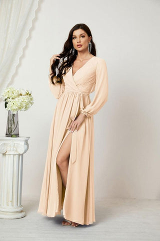 Sunnderly Evening Dresses Deep V-Neck Chiffon Bridesmaid Dresses Long Bishop Sleeve Side Split Formal Dress SY2806
