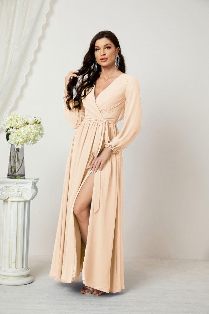 Numbersea Evening Dresses Deep V-Neck Chiffon Bridesmaid Dresses Long Bishop Sleeve Side Split Formal Dress 2806