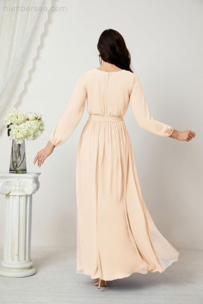 Numbersea Evening Dresses Deep V-Neck Chiffon Bridesmaid Dresses Long Bishop Sleeve Side Split Formal Dress 2806