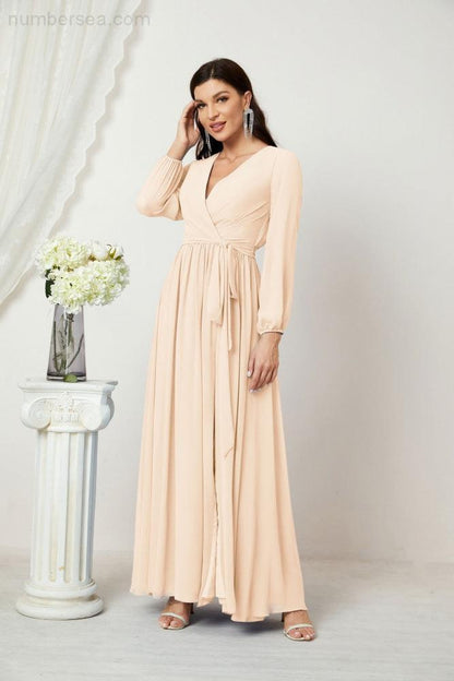 Numbersea Evening Dresses Deep V-Neck Chiffon Bridesmaid Dresses Long Bishop Sleeve Side Split Formal Dress 2806