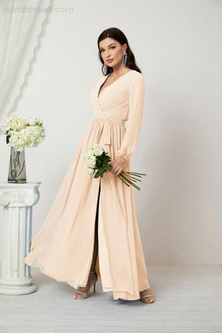 Sunnderly Evening Dresses Deep V-Neck Chiffon Bridesmaid Dresses Long Bishop Sleeve Side Split Formal Dress SY2806