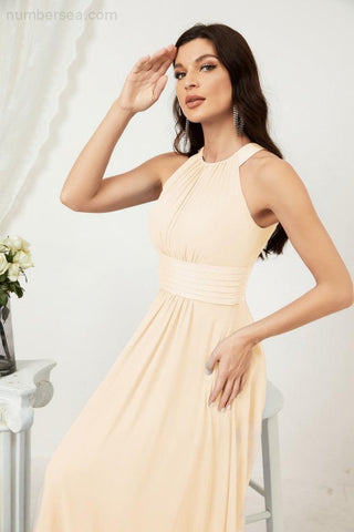 Baoleely Formal Party Gown Dress Chiffon Halter Long Sleeveless Bridesmaid Dresses 2802