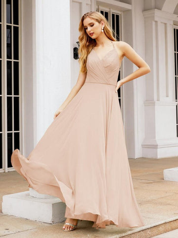Baoleely Halter Chiffon Bridesmaid Dresses Wedding Appare Sleeveless Formal Prom Dress with Ruffled Back 28035