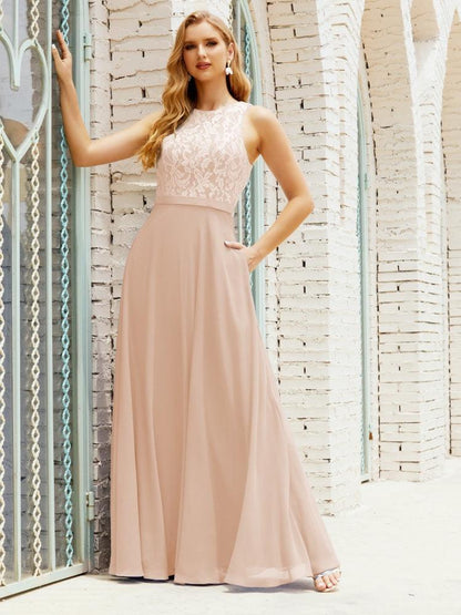 Lace Bridesmaid Dress Floor Length Evening Gowns with Pockets 28017