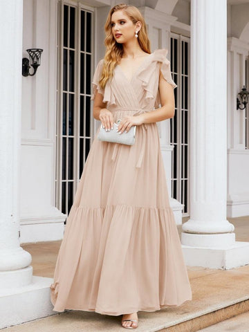 Baoleely Women's Open Back Formal Evening Party Prom Gowns V-Neck Long Chiffon Bridesmaid Dresses with Waist Belt 28038