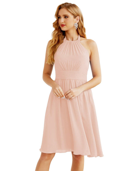 Numbersea Halter Chiffon Bridesmaid Dresses Short Sleeveless Formal Party Dress Open Back 28023