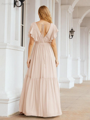 Baoleely Women's Open Back Formal Evening Party Prom Gowns V-Neck Long Chiffon Bridesmaid Dresses with Waist Belt 28038