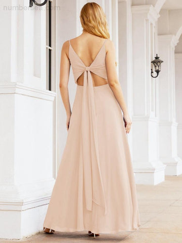 Baoleely Spaghetti Strap Bridesmaid Dresses V Neck Butterfly Back Fromal Evening Party Prom Gown 28036