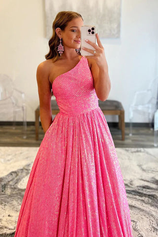 Sparkly One Shoulder A Line Sequins Prom Dress