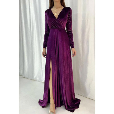 Robe de soirée longue et sexy en velours à col en V et manches longues 