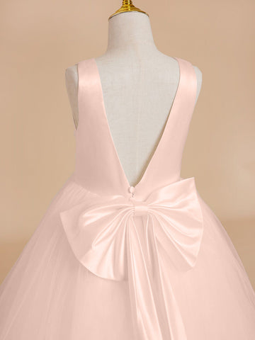 Classic White A-line Sleeveless Satin and Tulle Flower Girl Dress