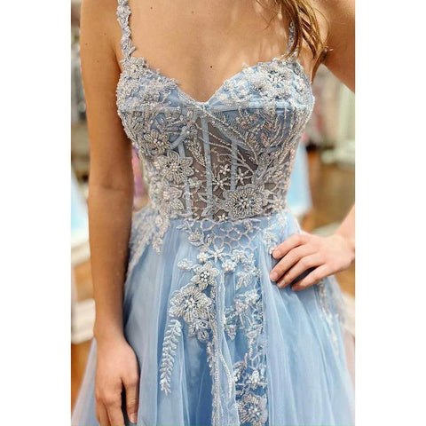 Vestido de noche de fiesta de graduación con apliques de ilusión de tul en forma de A y abertura lateral