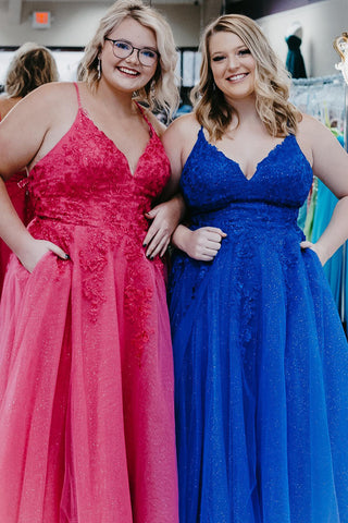 A Line Spaghetti Straps Royal Blue Plus Size Prom Dress with Appliques