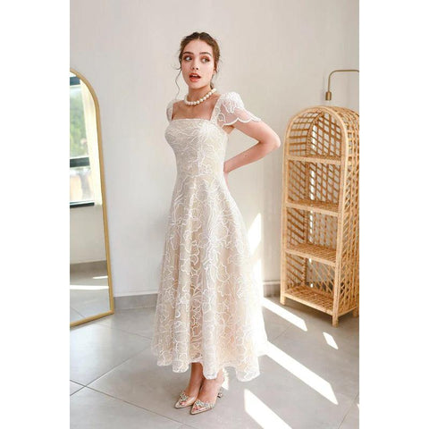 Vestido de fiesta de noche con escote cuadrado, mangas de copa, estampado de tul, corte A, largo hasta la rodilla