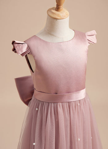 A-line Satin Tulle Knee-length Dusty Rose Dress (2003227179)
