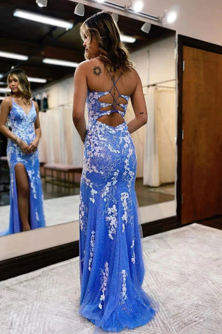 Ainhoa | Glitter Blue Mermaid Lace Long Prom Dress with Slit