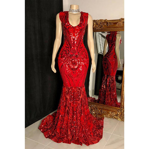 Vestido de fiesta de sirena con apliques de lentejuelas y escote en V sexy para chica negra para Slay