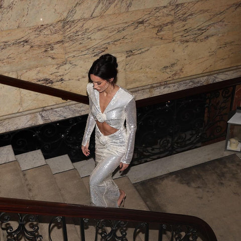 Hollow Out Sequin Deep V Maxi Prom Dress