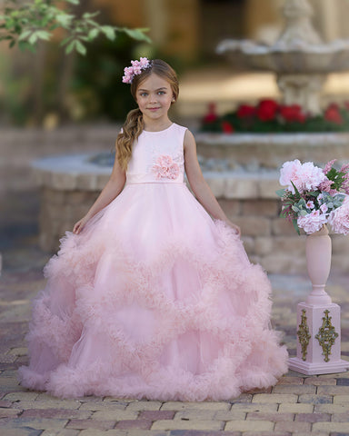 A-line Satin Tulle Floor-length Cascading Ruffles Flower Girl Dress
