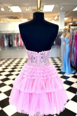 Lindo vestido de fiesta de línea A, escote corazón, corsé rosa claro con volantes
