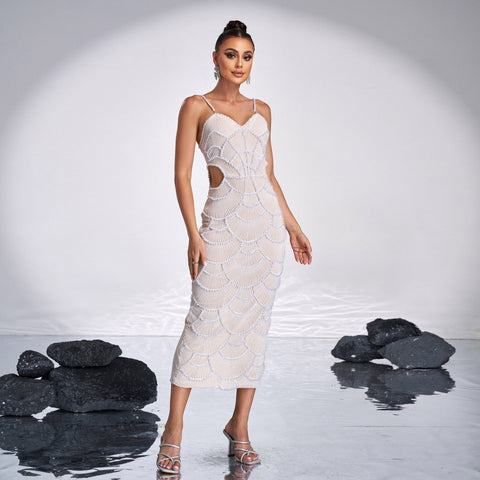 V-Neck Cutout Sequin Beaded Gown – Glamorous Evening Dress