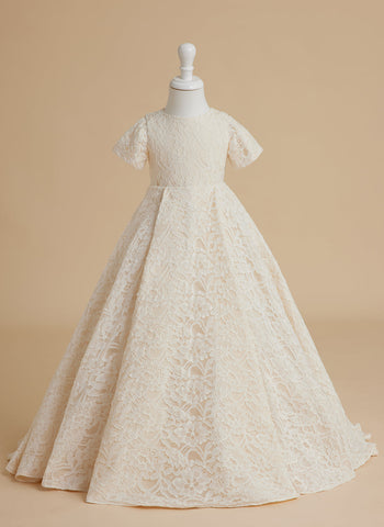 A-line Lace Sweep Train Ivory Dress (010146744)