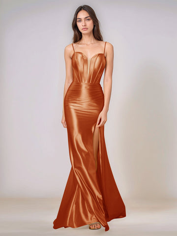 Deep V-neck Spaghetti Straps Mermaid Bridesmaid Dress Long with Slit