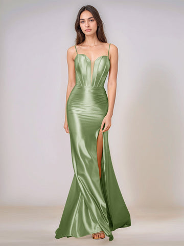 Deep V-neck Spaghetti Straps Mermaid Bridesmaid Dress Long with Slit