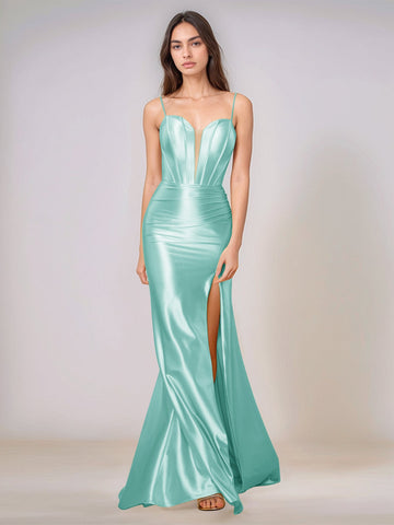 Deep V-neck Spaghetti Straps Mermaid Bridesmaid Dress Long with Slit