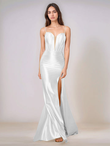 Deep V-neck Spaghetti Straps Mermaid Bridesmaid Dress Long with Slit