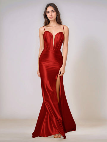 Deep V-neck Spaghetti Straps Mermaid Bridesmaid Dress Long with Slit
