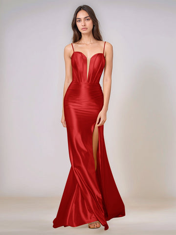 Deep V-neck Spaghetti Straps Mermaid Bridesmaid Dress Long with Slit