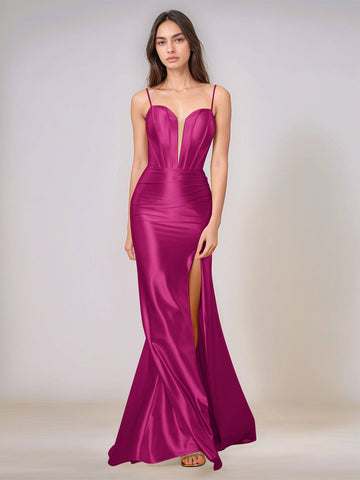 Deep V-neck Spaghetti Straps Mermaid Bridesmaid Dress Long with Slit