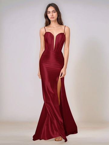 Deep V-neck Spaghetti Straps Mermaid Bridesmaid Dress Long with Slit
