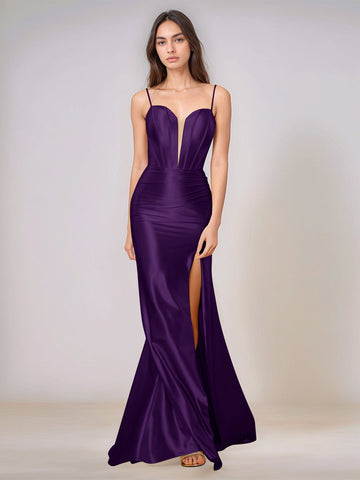Deep V-neck Spaghetti Straps Mermaid Bridesmaid Dress Long with Slit