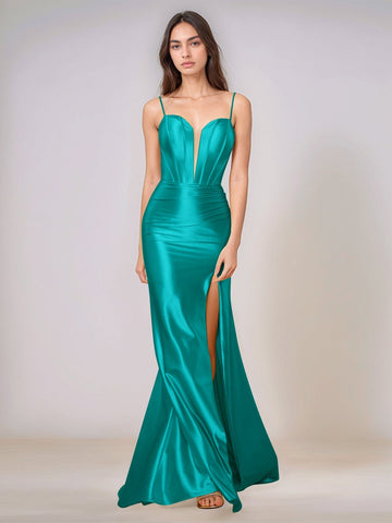 Deep V-neck Spaghetti Straps Mermaid Bridesmaid Dress Long with Slit