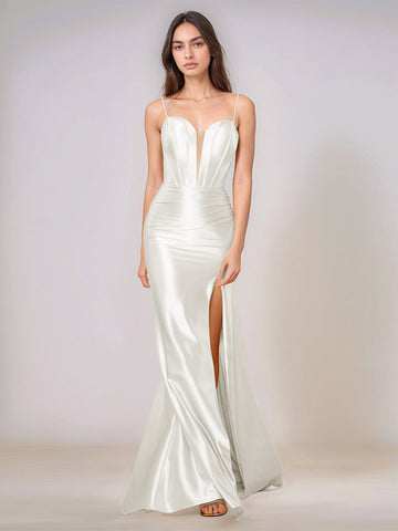 Deep V-neck Spaghetti Straps Mermaid Bridesmaid Dress Long with Slit