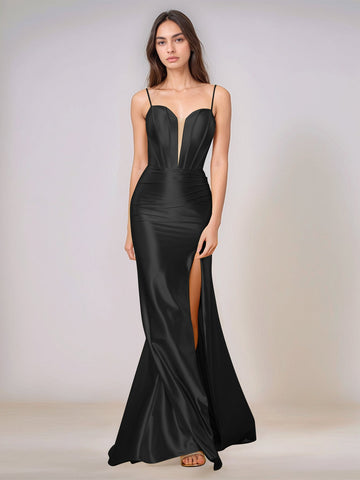 Deep V-neck Spaghetti Straps Mermaid Bridesmaid Dress Long with Slit
