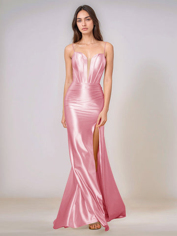 Deep V-neck Spaghetti Straps Mermaid Bridesmaid Dress Long with Slit