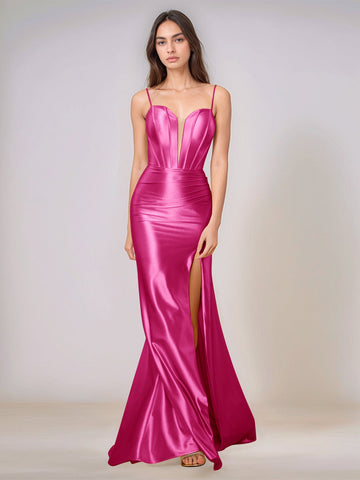 Deep V-neck Spaghetti Straps Mermaid Bridesmaid Dress Long with Slit