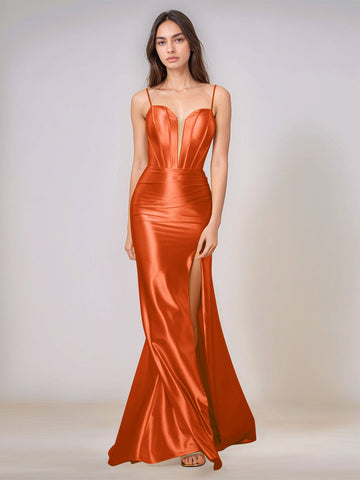 Deep V-neck Spaghetti Straps Mermaid Bridesmaid Dress Long with Slit